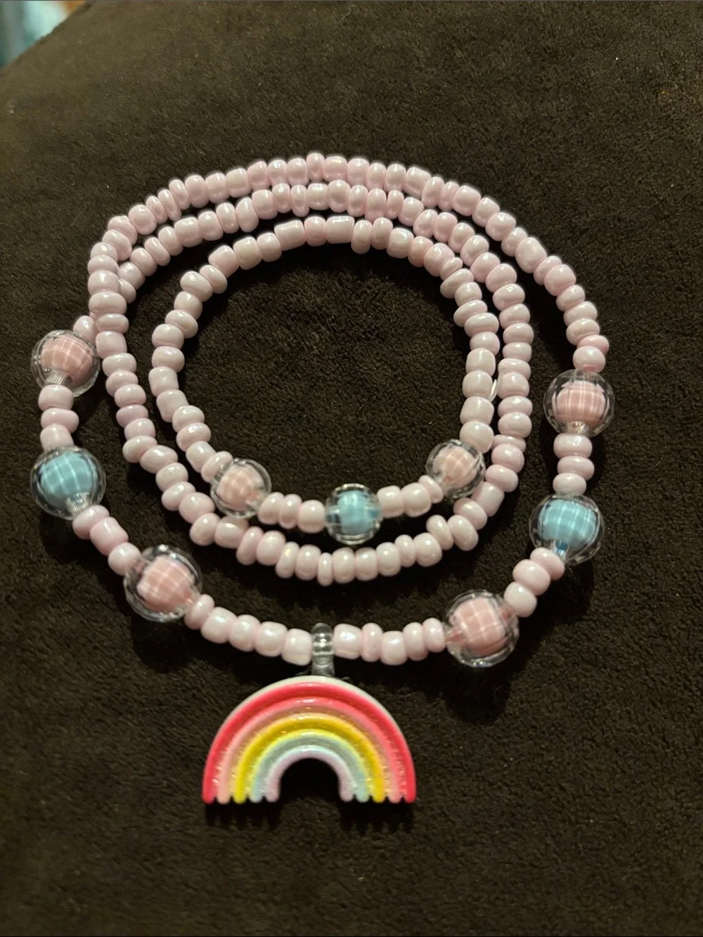 Kids Pink Beaded Necklace and Bracelet Set with Rainbow Charm